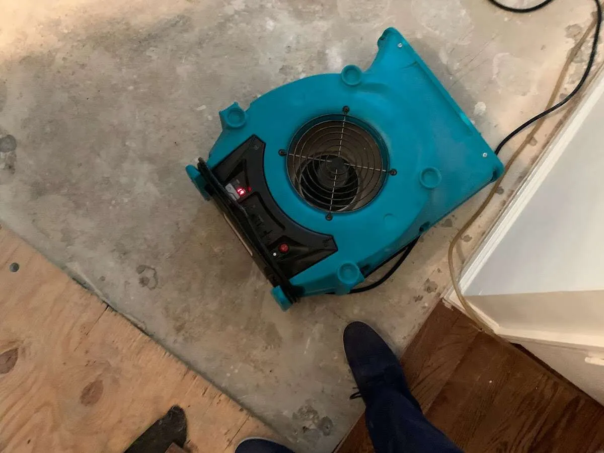 Air mover drying subfloor during Leak Detection & Repair in Goffstown